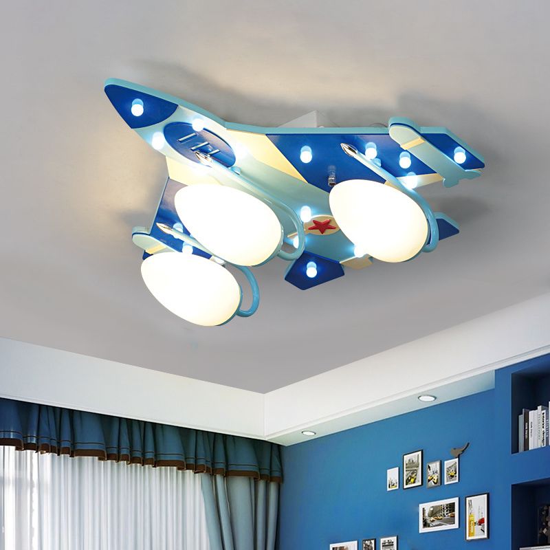 Bomber Piano Bambino Camera Soffitto Lampada Opaline Vetro 3 Teste Cartoon Flush Montaggio Illuminazione Fissaggio in Blu