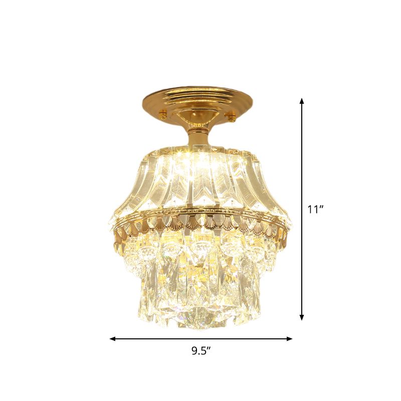 Rectangle-Cut Crystal Tiered Semi Flush Contemporary LED Ceiling Mount Light Fixture in Gold