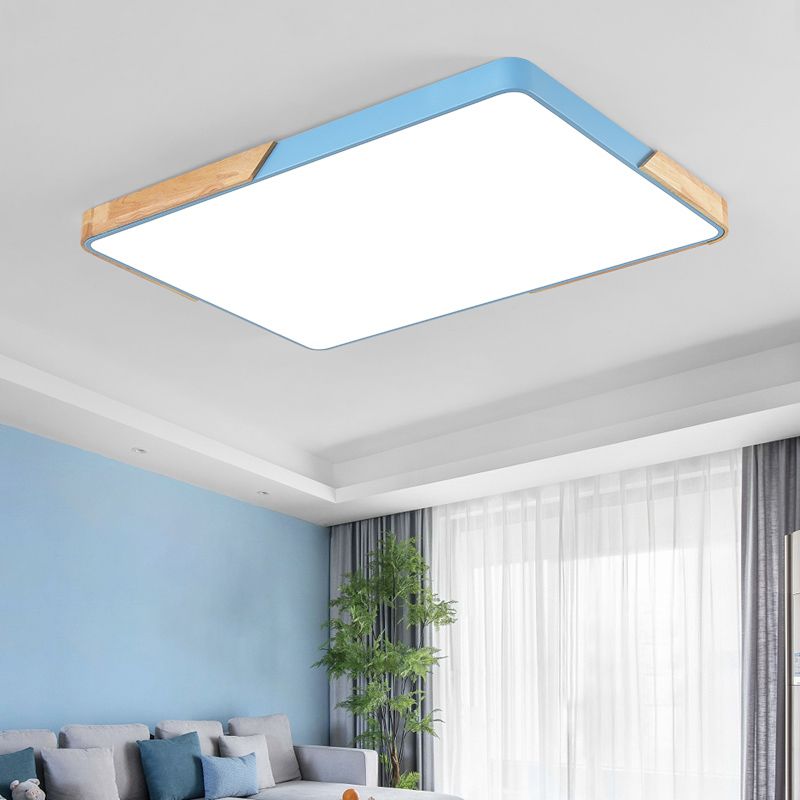 Nordic Rectangle Ceiling Light Colorful Metal LED Flush Mount Light with Wood for Bedroom