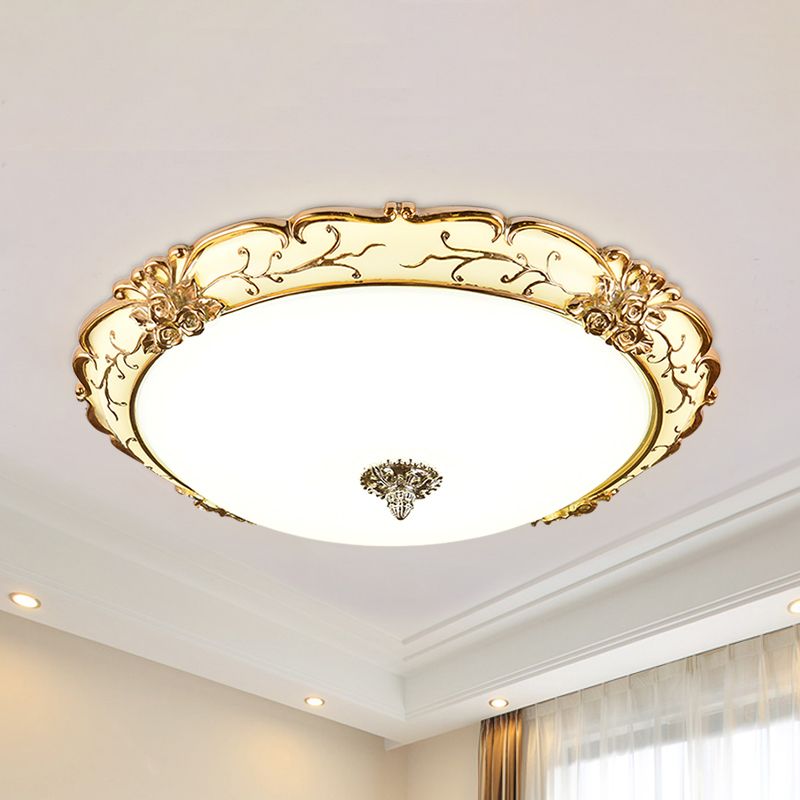 Scroll bloemenversiering opaalglas inbouw vintage slaapkamer 14"/16"/19,5" brede LED-plafondlamp in messing