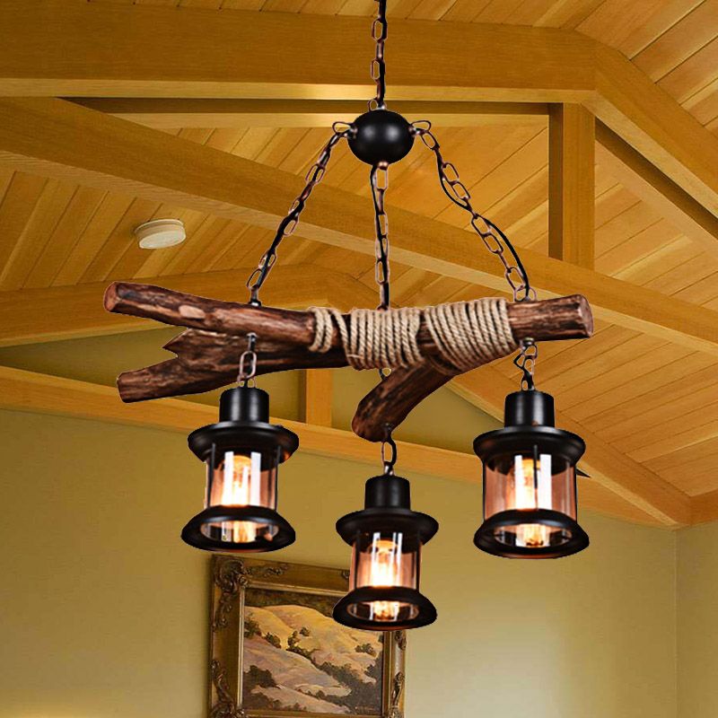 3 lumières Plafonnier Light Style Coastal Lantern Verre transparent en verre suspendu en noir avec chaîne et bois