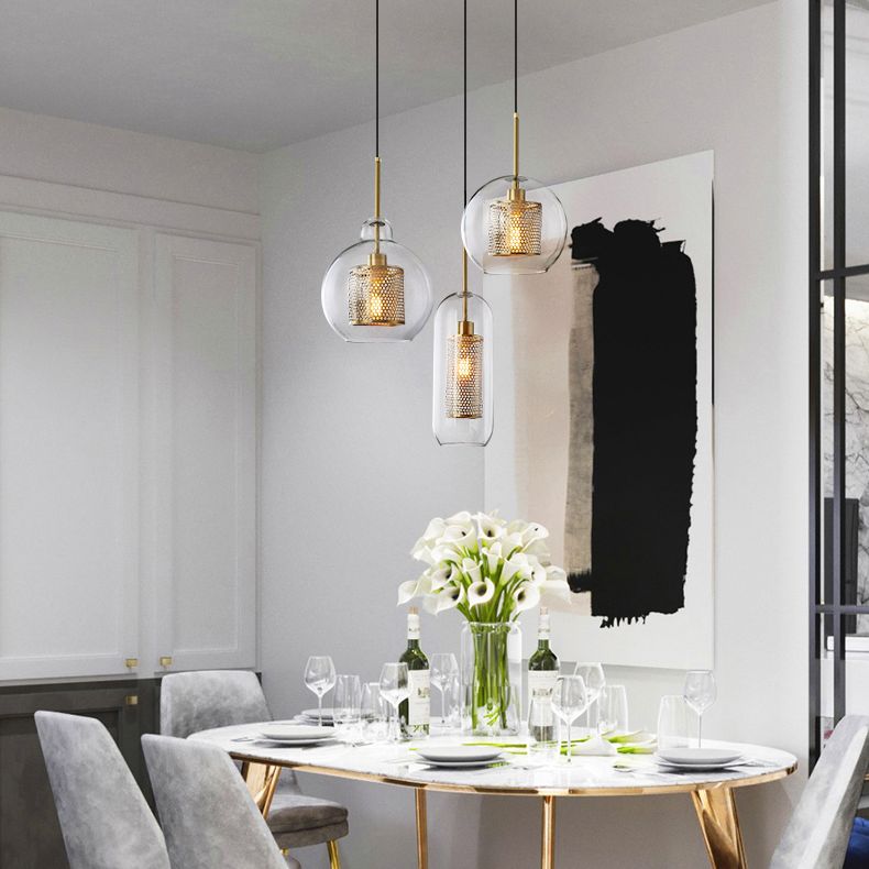 Brass 1 Light Hanging Pendant Light Modern Minimalist Clear Glass Dining Table Hanging Lamp