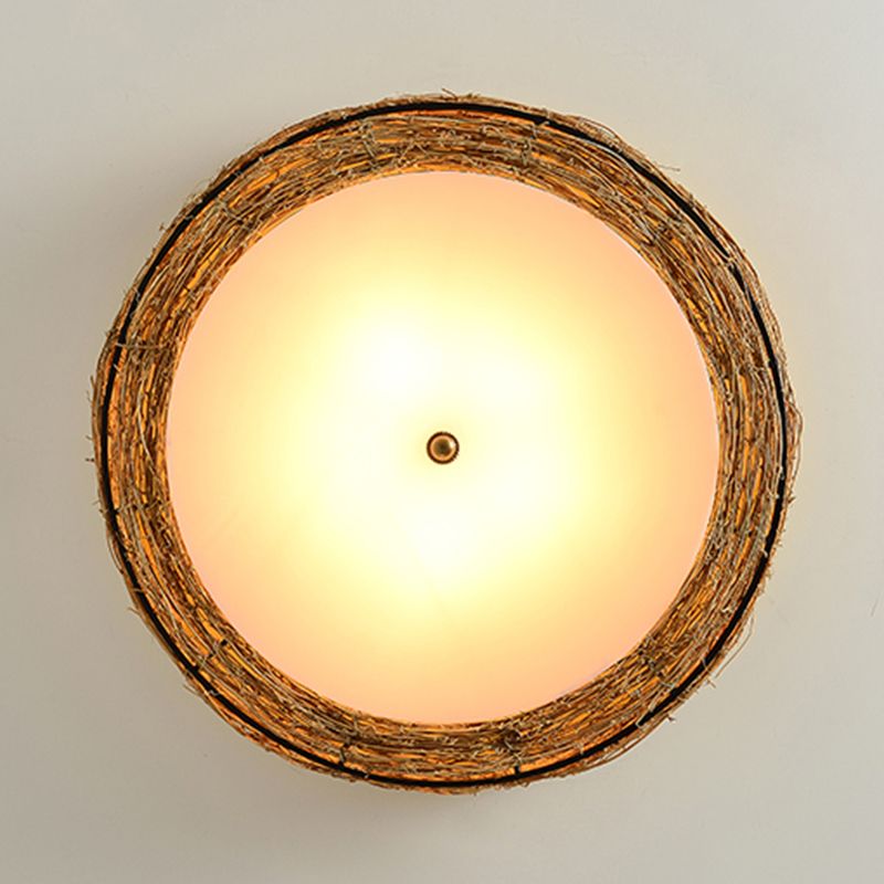 Ronde Vorm Plafondlamp Aziatische Stijl Rotan 3 Lichten Flush Mount voor Slaapkamer