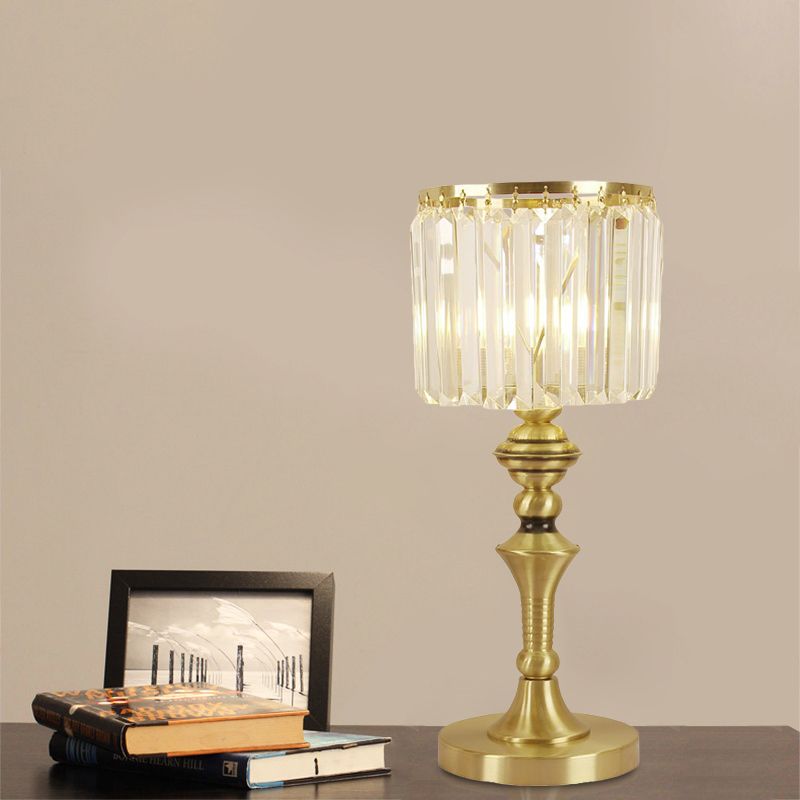 Cylindrical Desk Lamp Post Modern Crystal Flute LED Table Light for Study Room in Brass