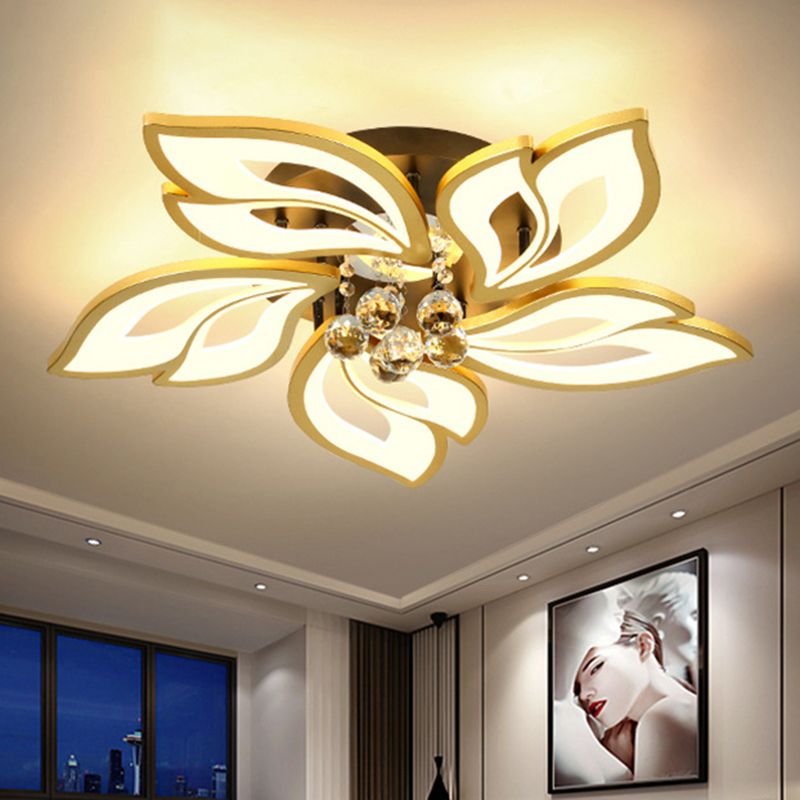 Gold Finish Flower Ceiling Lighting Contemporary LED Metal Semi Flush Mount with Crystal Ball