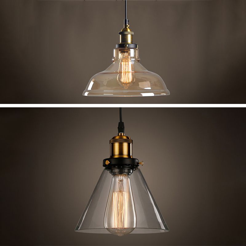 Clear Glass Shade Hanging Ceiling Light Industrial Vintage Brass 1 Light Restaurant Down Lighting