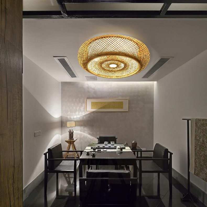 Lámpara de techo de 3 luces con forma de tambor de estilo creativo asiático, montaje empotrado de arte tejido de bambú para pasillo