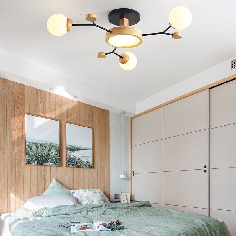 Nordic Solid Wood Ceiling Light White Glass Modos Semi Flush Light for Living Room