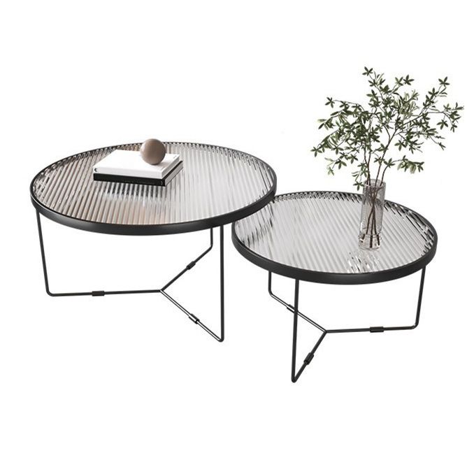 Round Clear Glass Cocktail Table Set Contemporary Cross Legs Coffee Table in Black