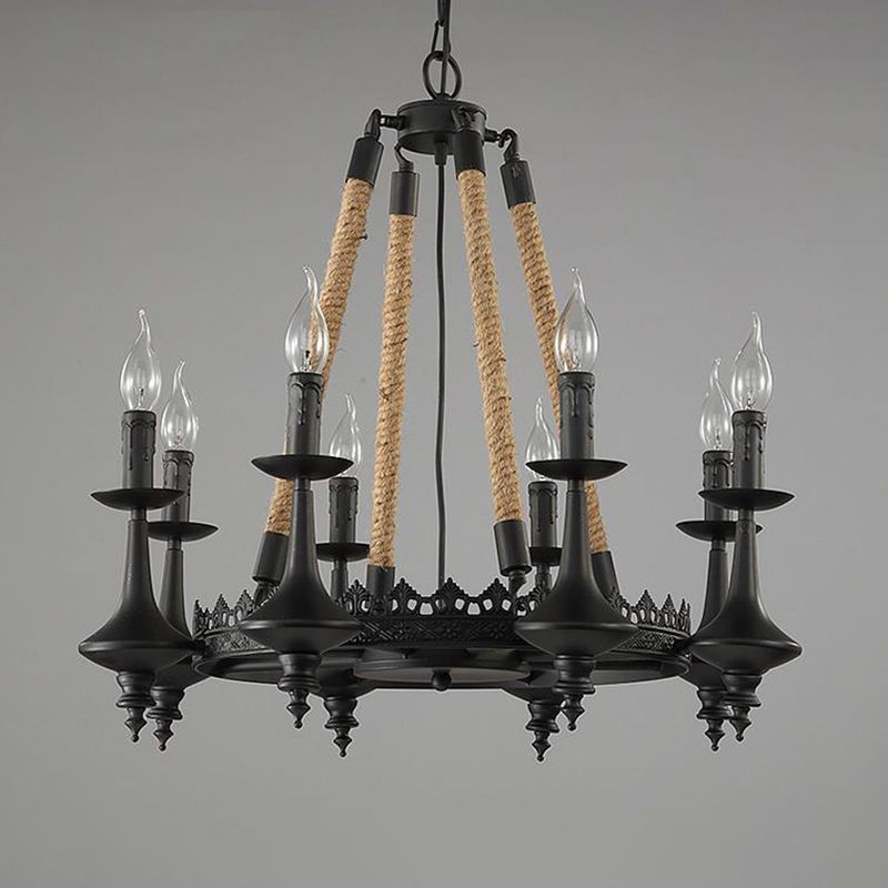 Iron Candle Chandelier Light Fixture Warehouse 6/8 Heads Dining Room Hanging Ceiling Light in Black with Rope Cord