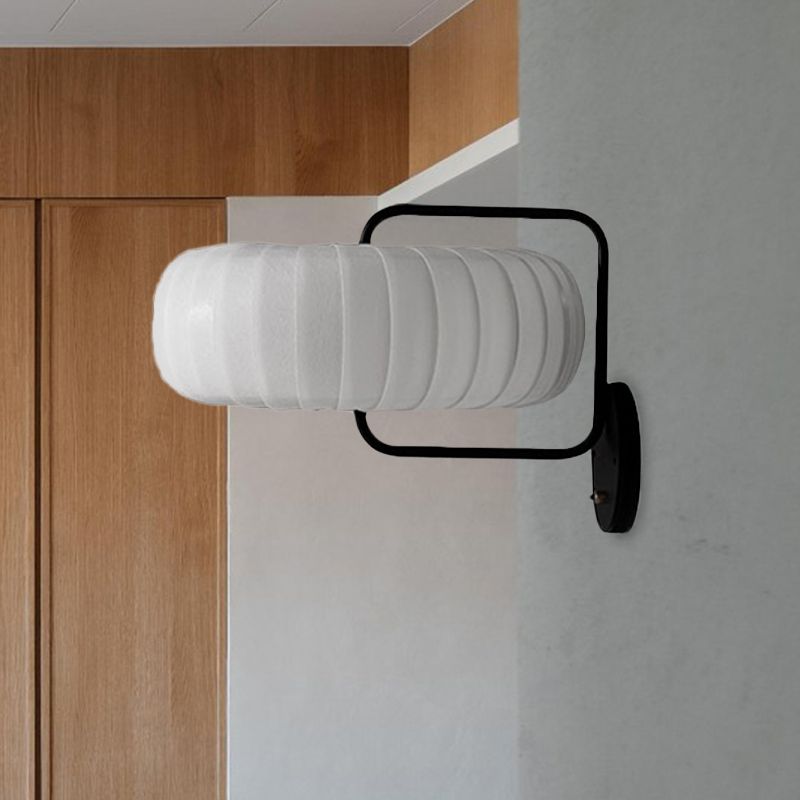 Gathered Fabric Pumpkin Wall Mounted Lamp Modern Style 3 Lights Black-White Sconce with Squared Arm