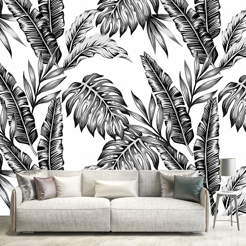 Full Size Minimalist Wall Decor in Black and White Tropical Leaves Mural Wallpaper, Made to Measure