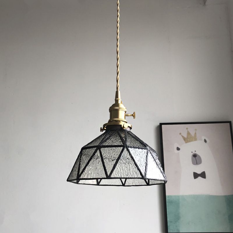 Blue/Clear Textured Glass Brass Pendant Faceted Barn Shaped 1 Light Country Style Hanging Ceiling Light