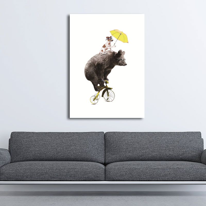 Contemporary Dog and Bear Wall Art Brown Decorative Wrapped Canvas for Living Room