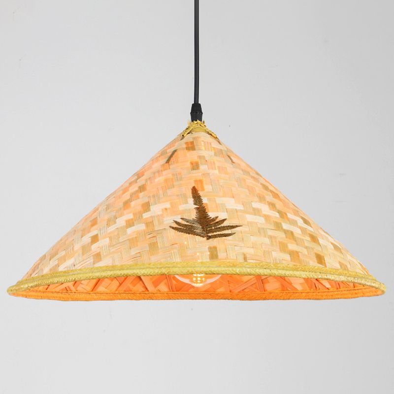 Asian Inspired Farmers Hat Pendant Bamboo Woven 1 Head Diner Ceiling Lamp in Wood