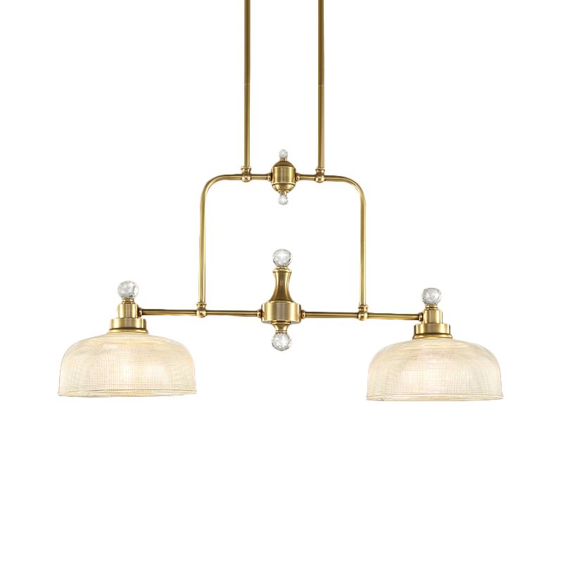 Gold Domed Island Pendant Country Style Clear Prismatic Glass 2 Bulbs Metal Hanging Light Kit