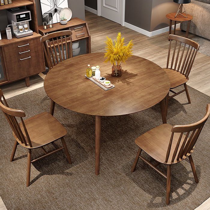 Round Dining Table Modern 4 Legs Wood Color Fixed Table of Solid Wood