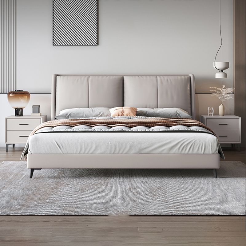 Modern Pine Wood Panel Bed Genuine Leather Bed Frame with Upholstered Headboard