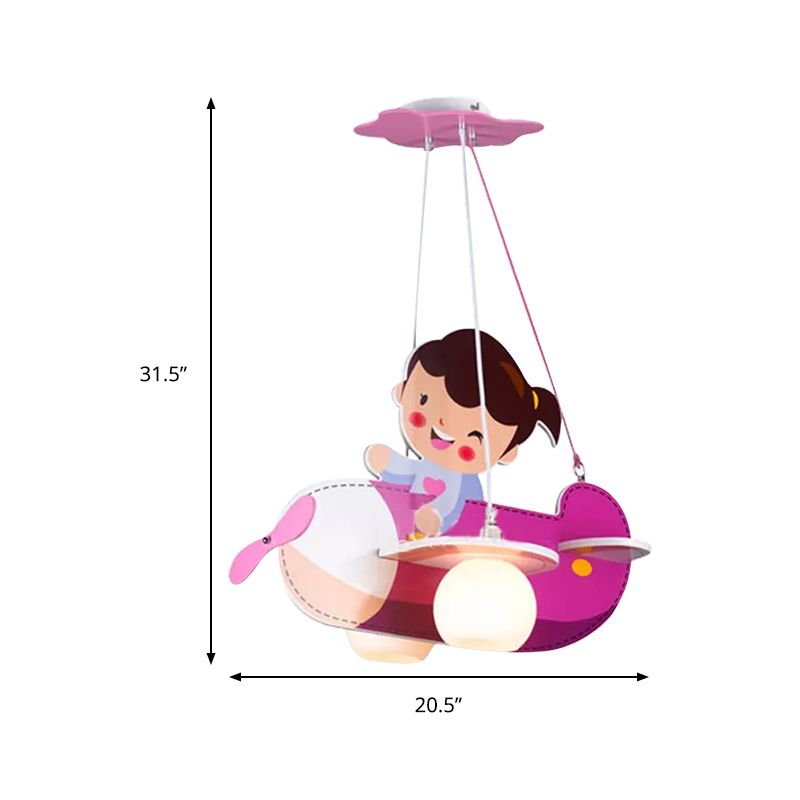 Pink Airplane Hanging Light with Little Girl 2 Lights Cartoon Wood Chandelier for Kids Bedroom