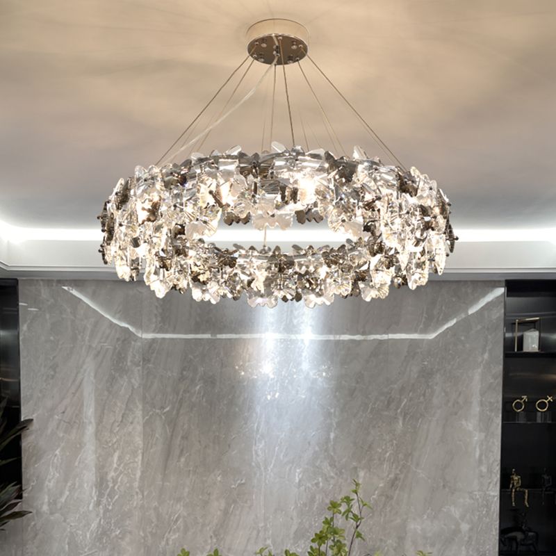 Flowering Butterfly Shape Crystal Circular Pendant Lamp for Living Room Bedroom