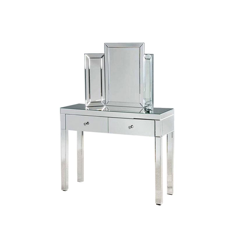 Glass Vanity Set with Tri-Fold 13.77" Wide Make-up Vanity with 2 Storage Drawers
