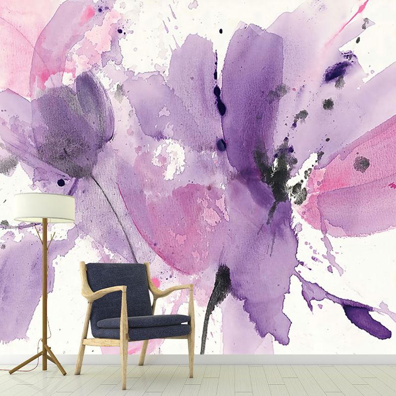 Purple-Pink Art Deco Mural Decal Whole Watercolor Petals Drawing Wall Covering for Bedroom