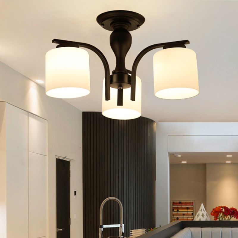 Semi Flush Mount Chandelier Country Living Room Ceiling Light with Cylindrical Milk Glass Shade in Black