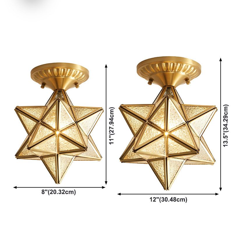 Lámpara de techo de latón y vidrio estilo colonial vintage, lámpara de techo con forma de estrella de cobre para pasillo