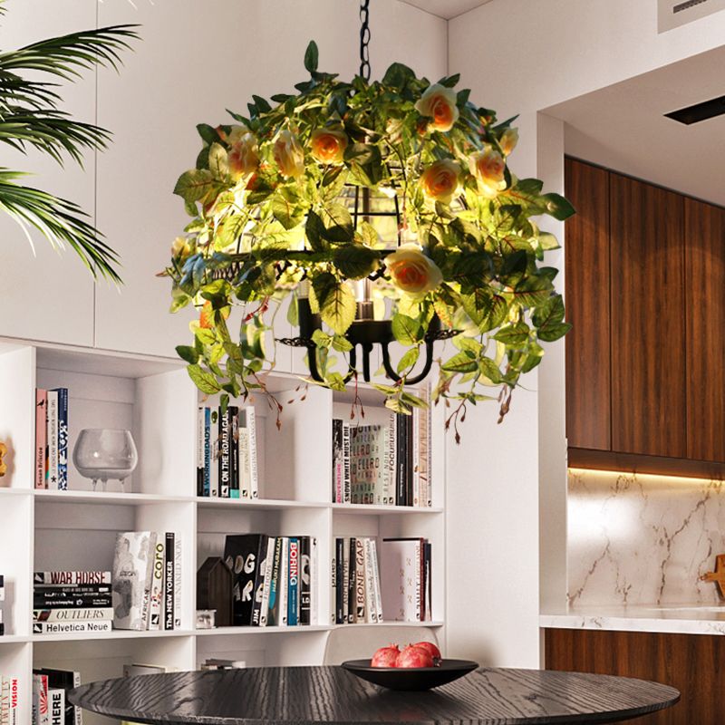 Dome Cage Dining Room Chandelier Factory Metal Metal 3-Light Red / Pink Drop Pendant avec Fake Blossom Deco