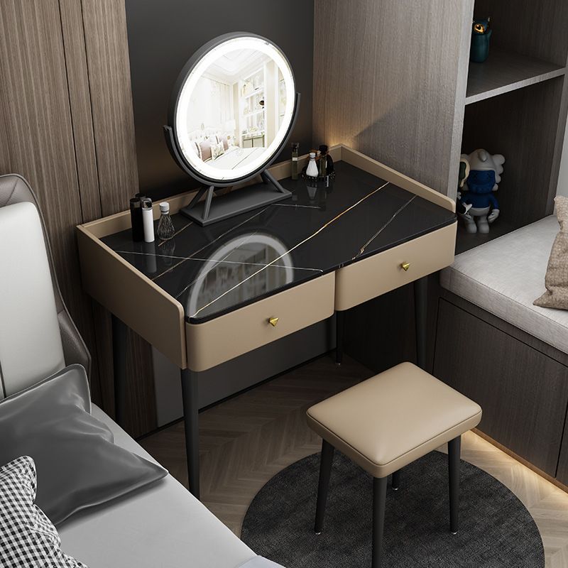 Contemporary Vanity 2 Storage Drawers Dressing Table with Padded Stool