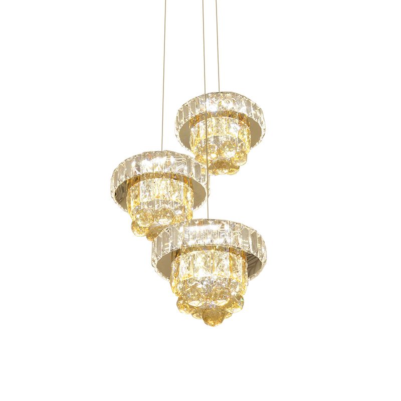 2-Layered Clear Faceted Crystal LED Multi Ceiling Light Modernism 3-Bulb Living Room Pendant Lamp