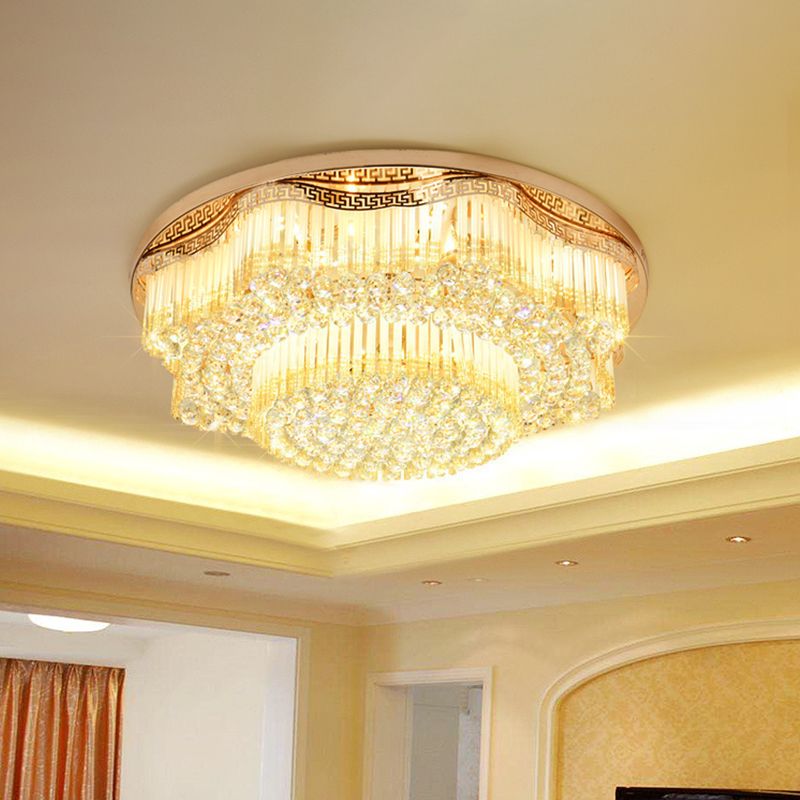 LED Flush Mount Lamp Simple 2-Tiered K9 Crystal Ceiling Light Fixture in Gold for Living Room