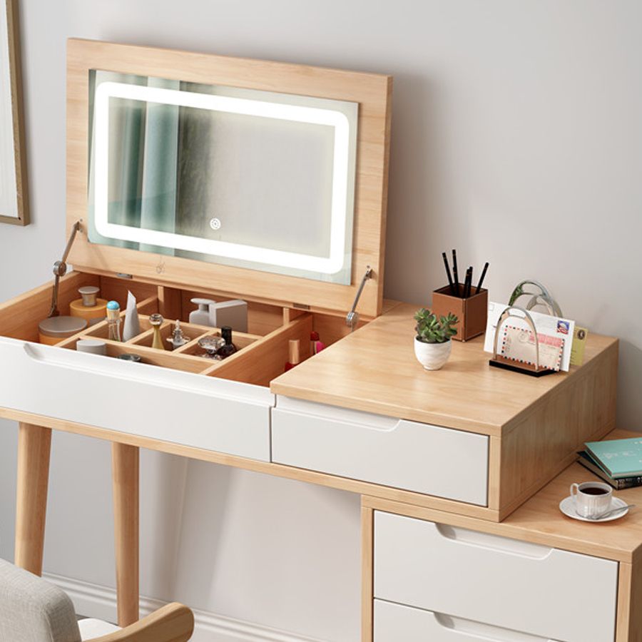 Modern Rubberwood Dressing Table Set with Stool 1-Mirror Wood Vanity Table