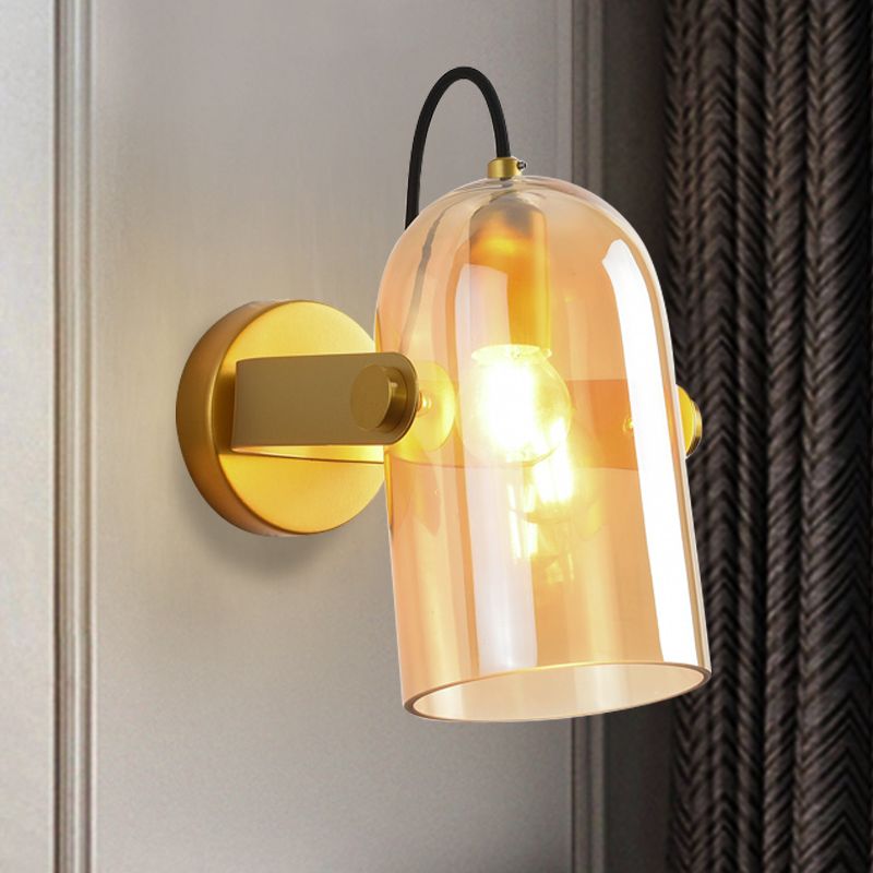 Retro Style Cloche Sconce Light 1 Bulb Amber/Blue/Smoke Gray Glass Bedroom Wall Mounted Lamp Kit in Brass Finish
