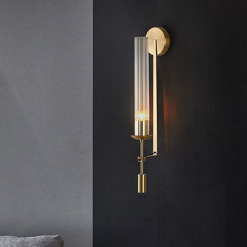1-Head Bathroom Wall Mounted Lamp Minimalist Gold Sconce with Tubular Clear Glass Shade