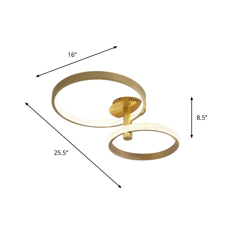 Dual Halo Ring Acrylic Semi Flush Light Modern Rotatable LED Golden Ceiling Lamp in Warm/White/Natural Light, 25.5"/33.5" L