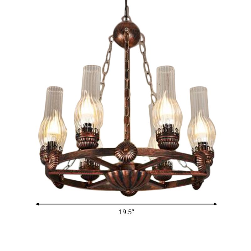 6 Bulbs Wagon Wheel Chandelier Light Traditional Clear Ribbed Glass Hanging Ceiling Fixture in Copper