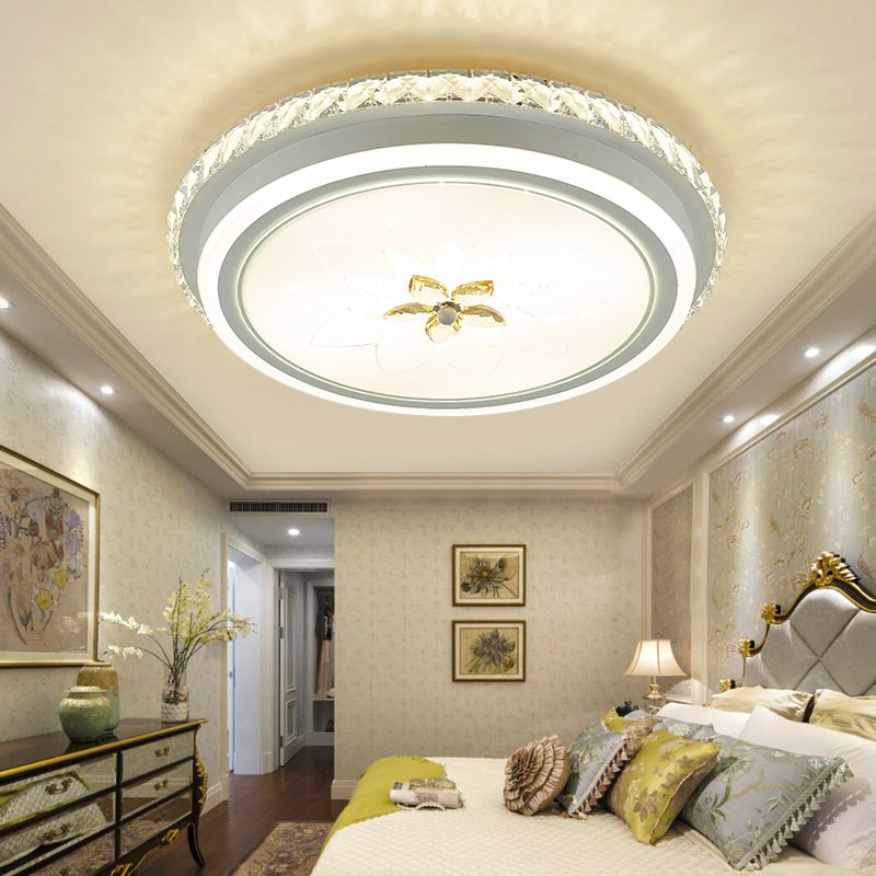White Finish Round Ceiling Mounted Fixture Simplicity LED Metal Flush Lighting with Flower Crystal Decor