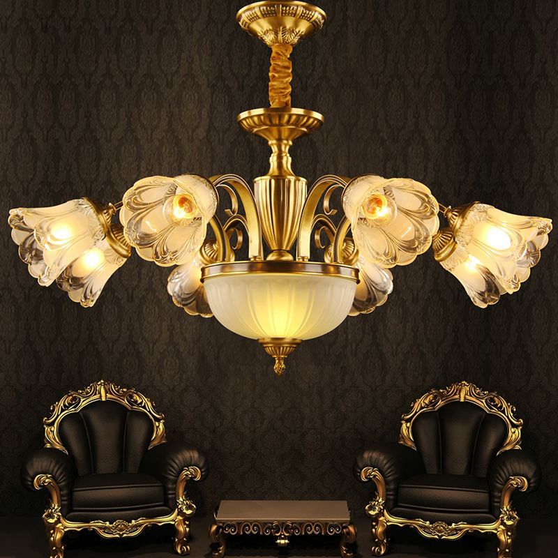 Frosted Glass Flower Kroonluchter Koloniale stijl Woonkamer Suspensie Licht in goud