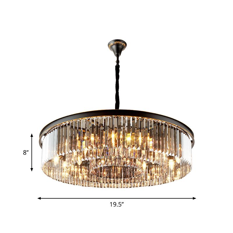 Black Drum Hanging Chandelier Modern 6/12 Lights Crystal Shaded Pendant Light for Living Room