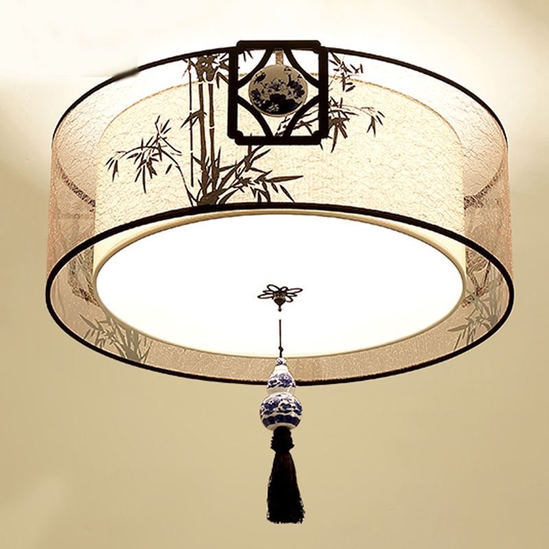 Geometry Shape Ceiling Lamp Tradition Iron Flush Mount with Fabric Lampshade for Bedroom