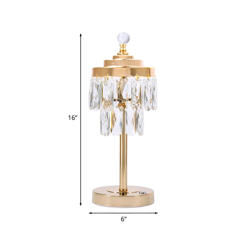 Gold LED Table Light Vintage Beveled Crystal Prism 2 Tiers Night Stand Lamp for Bedroom