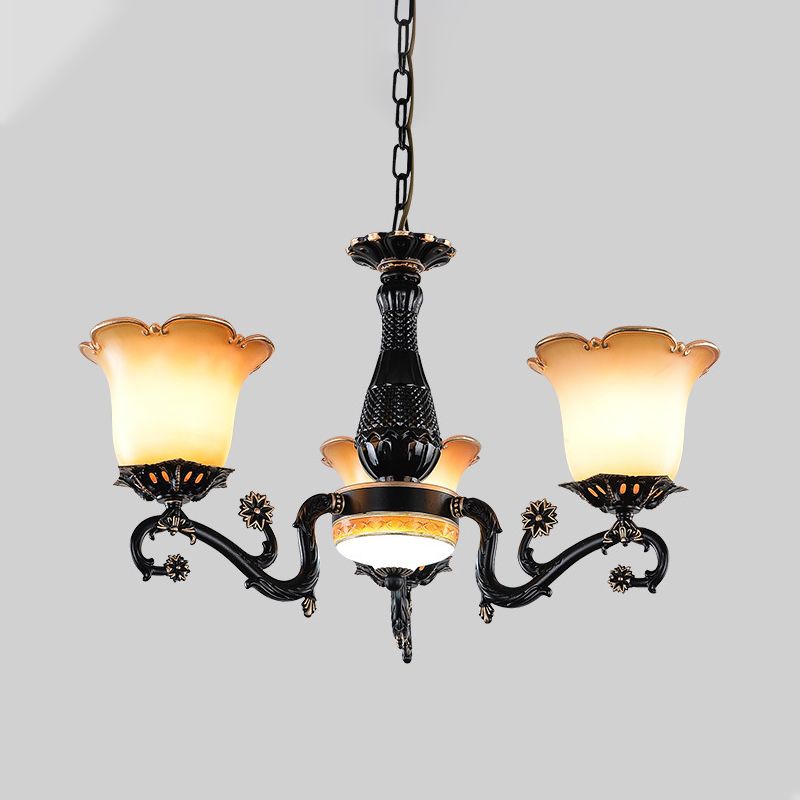Chandelier à pendentif floral traditionnel 4/6/7 Bulbes Opale Verre givrée Kit de lumière suspendue en noir pour chambre à coucher
