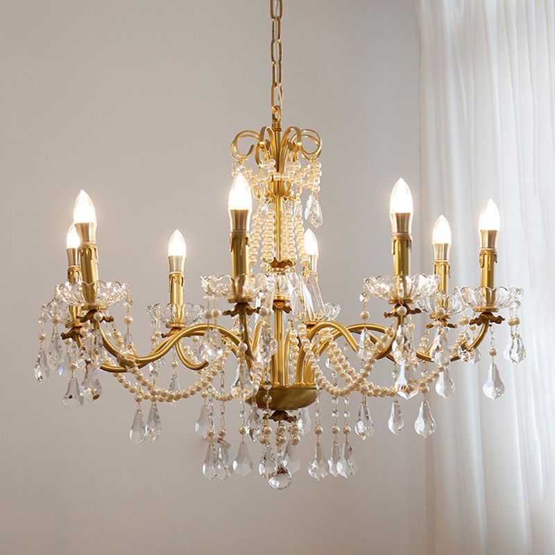 Candle Chandelier Light Fixtures American Style Multi-Head Hanging Pendant Lamps with Crystal Bead