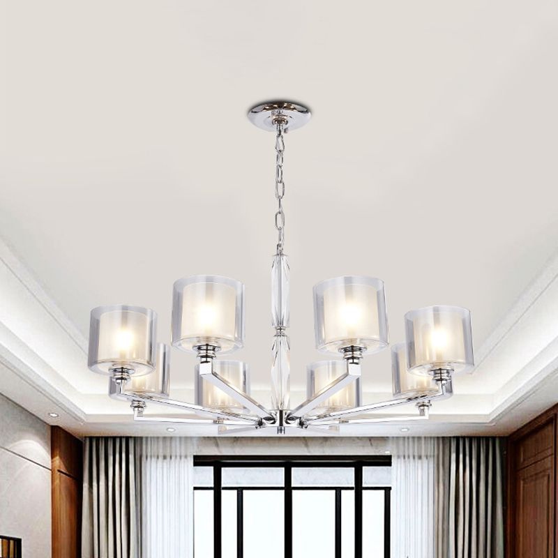 Chrome Metal Radial Pendant Light Modern Cylindrical Clear Glass Shade Bedroom Chandelier Lighting