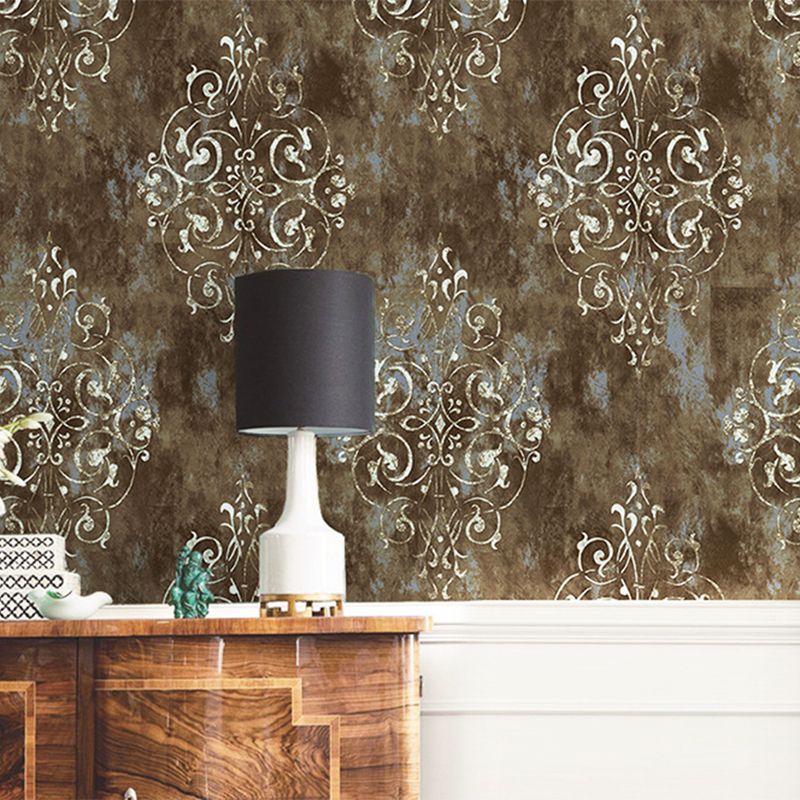 Dress Shop and Coffee Room Wallpaper with Damascus Brown Traditional Harlequins and Floral, 17.5" * 19.5', Self-Adhesive