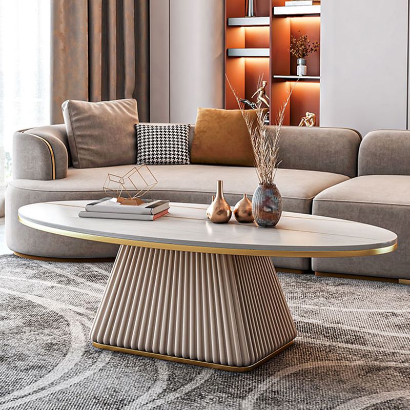 Glam Metal and Slate Cocktail Table Pedestal Coffee Table for Living Room