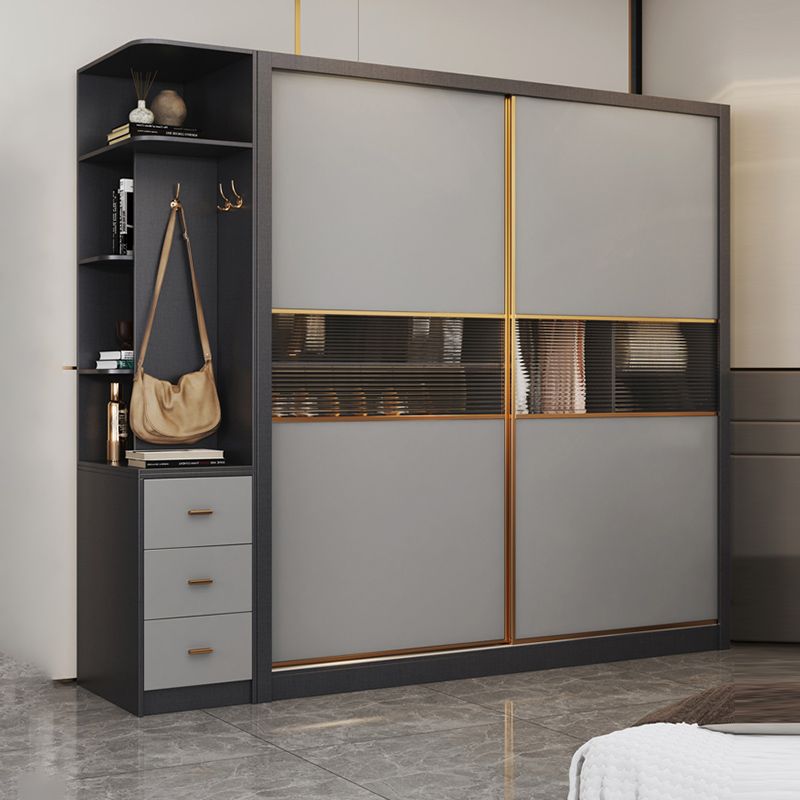 Wooden Sliding Wardrobe Cabinet Grey Wardrobe Armoire with Garment Rod