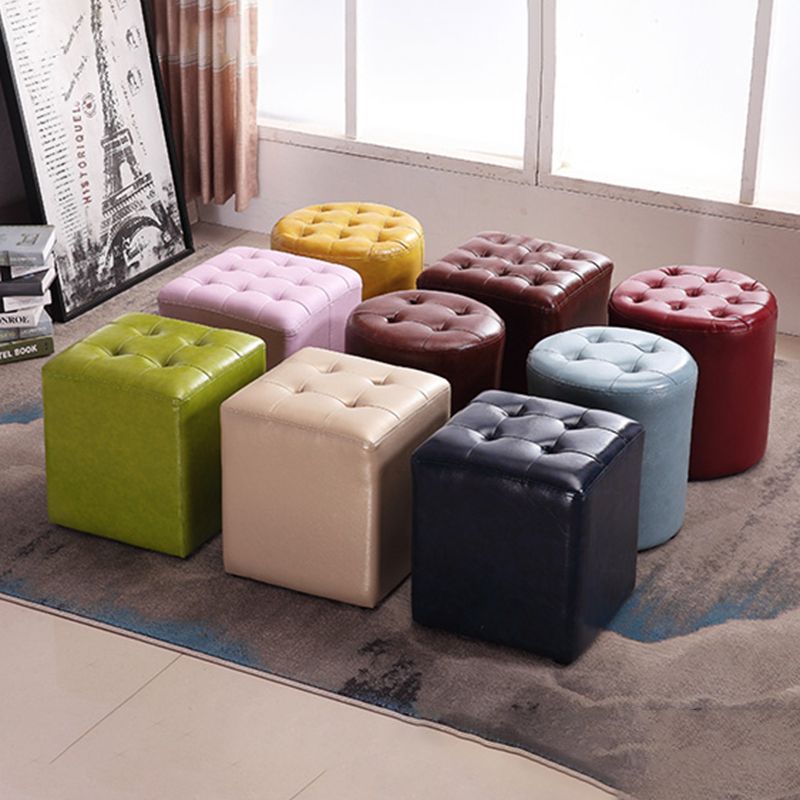 Mid-Century Modern Ottoman Water Resistant Solid Color Tufted Genuine Leather Cube Ottoman