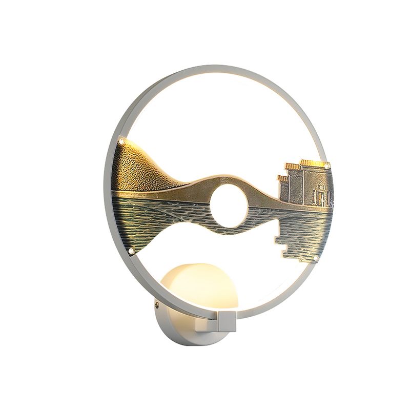 Black/White Circular Sconce Light Fixture LED Acrylic Wall Mount Lamp with Chinese Style Scenery Pattern, 12 Dia"